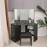Vanity Benches, Vanity Makeup Desk with Three-Fold Mirror Wooden Bedroom Vanity Table Corner Dressin