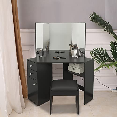 Vanity Benches, Vanity Makeup Desk With Three-Fold Mirror Wooden Bedroom Vanity Table Corner Dressing Table With Cushioned Stool (Black) #TOP18