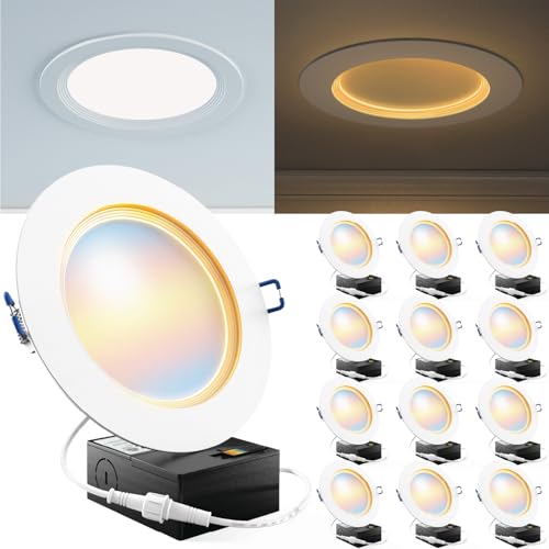 Sunco 12 Pack 6 Inch Ultra Thin LED Recessed Ceiling Lights Slim Night Light Baffle Trim 2700K/3000K/4000K/5000K/6000K Selectable Dimmable 14W Canless Wafer with Junction Box - ETL.