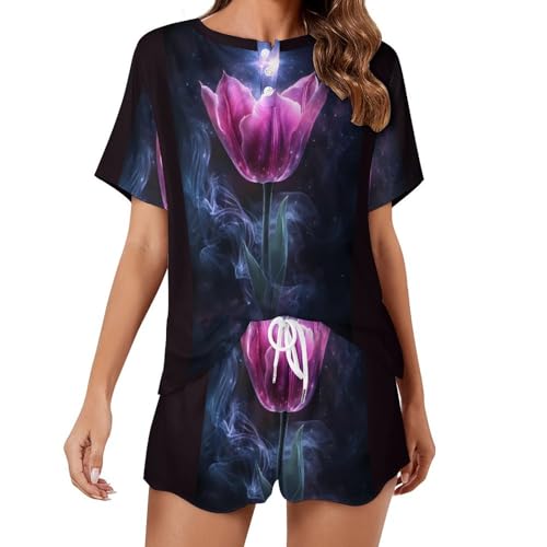 Ethereal Purple Tulips With Smoke Women's Pajama Sets Short Sleeve