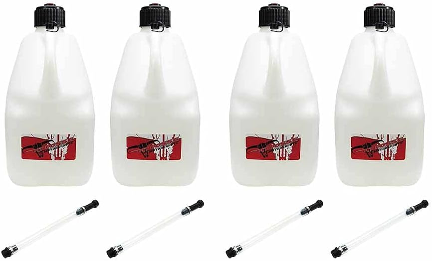 Pit Posse 754810K4 VP Type White 5 Gallon Utility Jug and Hose Filler Spout Combo - Made in USA - Garage Trailer Shop Automotive Engine Oil Fluid Holder - Double Handle Design (4 Jugs & 4 Hoses)