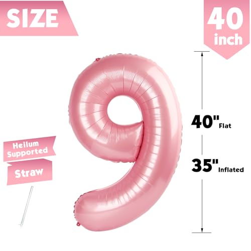 Image of 40 Inch Pastel Pink Number 9 Balloon, 9th Birthday Party Decorations | 40 Inch Pastel Pink inflatable foil number balloons, large birthday decorations for 9th birthday