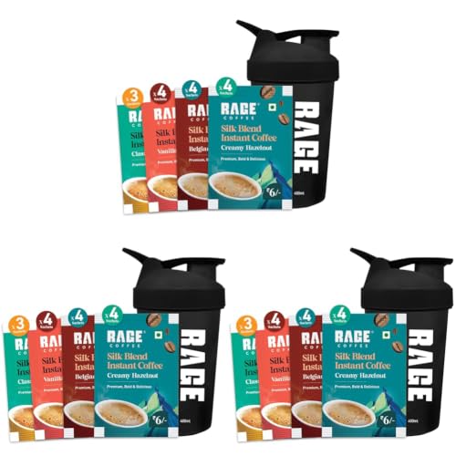 Image of Rage Coffee - Silk Blend Assorted Sachets, Pack of 45 (3 Classic, 4 Creamy Hazelnut, 4 Vanilla Velvet & 4 Belgian Chocolate) +Multi-purpose Shaker 400 ML