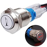 Twidec/16MM Raised Speaker Horn Momentary Push Button Switch 5/8' Mounting Hole 12V Red Led Light Silver Stainless Steel Shell 1NO 1NC SPDT with Pre-Wiring Wires Switch for Car Modification G16LB-R