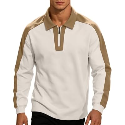 Men Color Block Half Zip Sweatshirt Raglan Long Sleeve Loose Fit Polo Shirt Fall Winter Casual Fashion Pullover Top Khaki