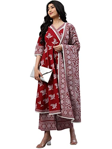 Image of Amayra Women's Rayon Printed Maroon Anarkali Kurta with Palazzos and Dupatta Set