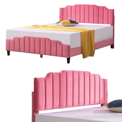 Mixoy Kids Full Size Bed Frame With Headboard, Upholstered Platform Bed With Slatted Bed Base, No Box Spring Needed, Pink Princess Wooden Bed For Girls(Full) #TOP2