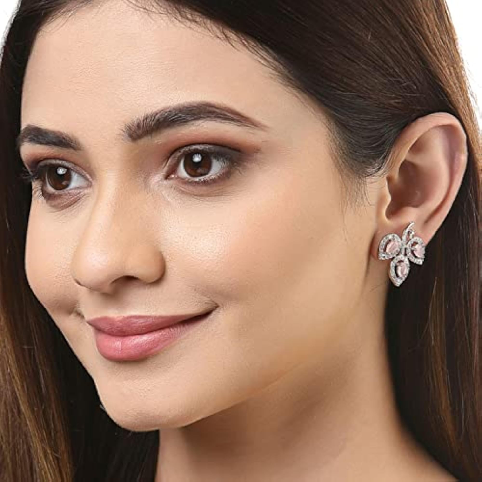 Leaf Shaped Rhodium Plated AD Stud Earring (Pink)