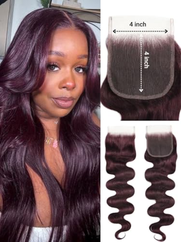 Image of UNICE 12A Body Wave Human Hair Bundles with 4x4 Lace Closure 14 14 14+14 inch 100% Brazilian Virgin Hair Weave Extensions Tangling-Free Shedding-Free Ombre Black Cherry Color