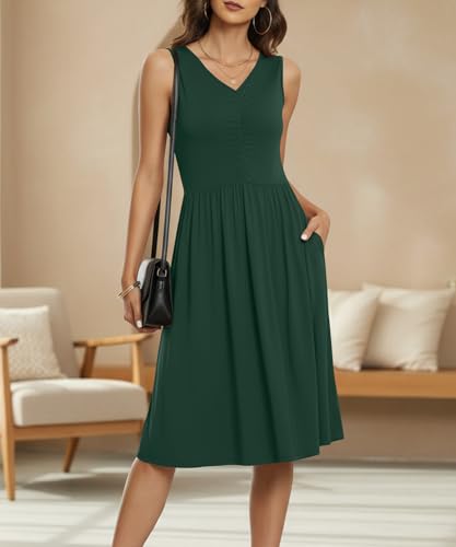 Image of NILOUFO Sleeveless Dress for Women Summer Knee Length Sundress with Pockets | Sundresses for Women Tank Empire Waist Sun Dress Cold Shoulder Casual V Neck Midi Dress Flowy Summer Dresses for Women