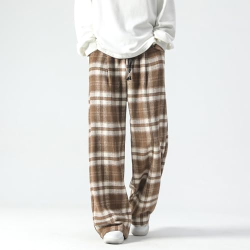 GURUNVANI Mens Vintage Casual Pants Straight Plaid Trousers Drawstring Regular Fit2