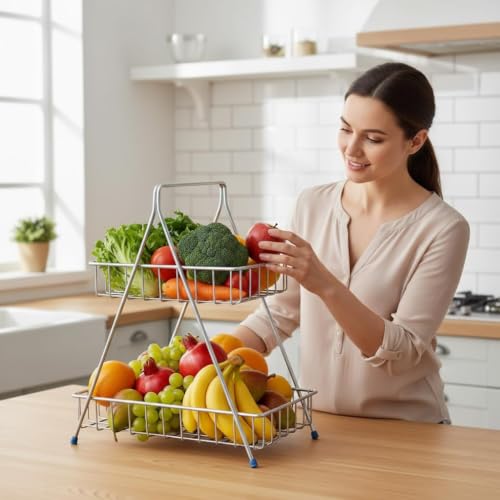 Image of Homeor Counter Top 2-TierFruit & Vegetable Basket For Dining Table, Centre Table I Metal Fruit Bowl or Bread Basket Vegetables Storage Organizer Holder, Multi-Purpose Basket for Kitchen & Home, Chrome