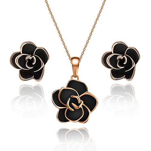 EVEVIC Rose Flower Necklace Earrings Set for Women 18K Gold Plated Jewelry Sets (Black)