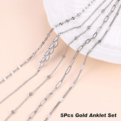 Image of FUNRUN JEWELRY Gold Ankle Bracelets,14 k Gold Plated Waterproof Stainless Steel Cuban Link Chain Ankle Set Paperclip Figaro Layered Anklets Bracelets for Women Dainty Summer Beach Jewelry 5Pcs