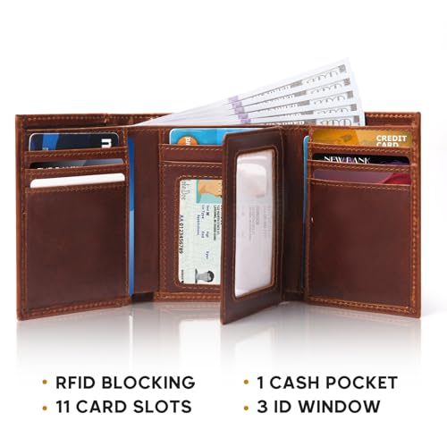 Mens Trifold Wallet with 2 ID Window，Large-capacity Genuine Leather RFID Blocking Wallet for Men (Brown)2