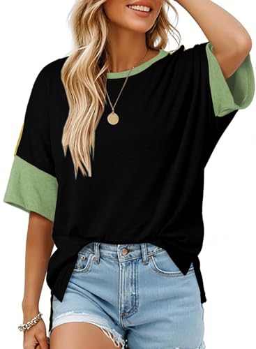 Image of Dokotoo Womens Tops Oversized Trendy Shirts 2026 Summer Color Block Crewneck Business Casual Womens Blouses S-2XL