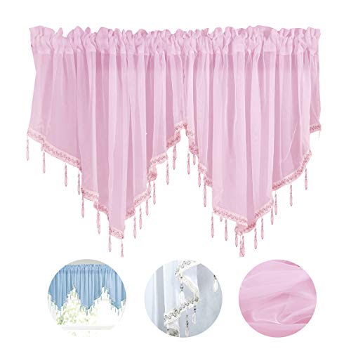 White Sheer Tulle Beaded Valance Curtains 2 Pieces Kitchen Cafe Rod Pocket Swag Window Curtain Valances With Bead Trim For Bedroom Bathroom Nursery Living Room, 51 X 24 Inch Length (Pink) #TOP1