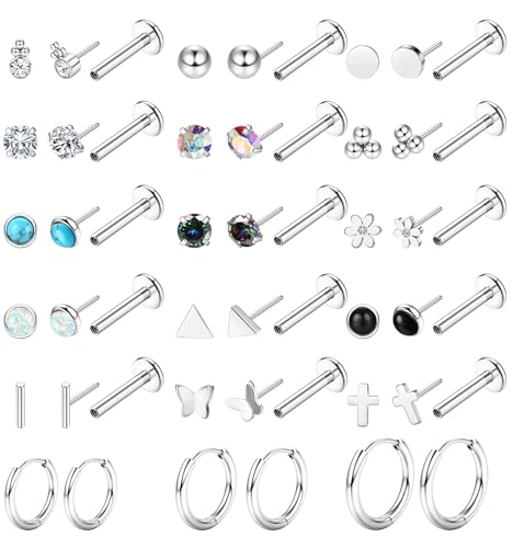 JeweBella 20G Piercing Nariz Acero Quirurgico Piercing Tragus Piercing Labret CZ Ópalo Piercing Oreja Plata Hipoalergenicos Pequeño Piercing Pendiente Aro Mujer Conch Piercing Helix 6/8MM