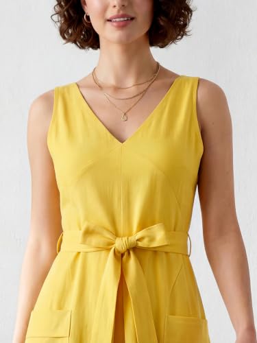 Image of PURVAJA Women's Fit & Flared Midi Length Sleeveless V-Neck Solid Dress