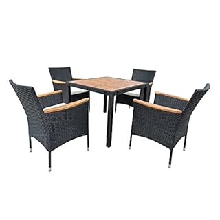 Panana 5 Piece Patio Rattan Dining Set, Wicker Garden Table and Stackable Chairs Set with Wood Table Top, Removable Cushions Balcony, Backyard, Poolside Outdoor
