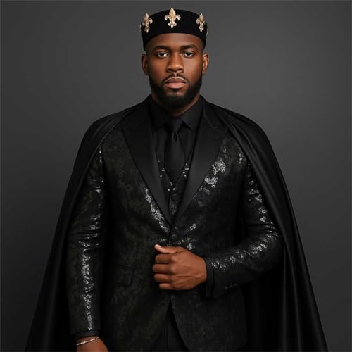 Mens 3 Pieces Black Tuxedo Set Slim Fit Prom Graduation Party Jacquard Jacket Pants with Removable Satin Cape4