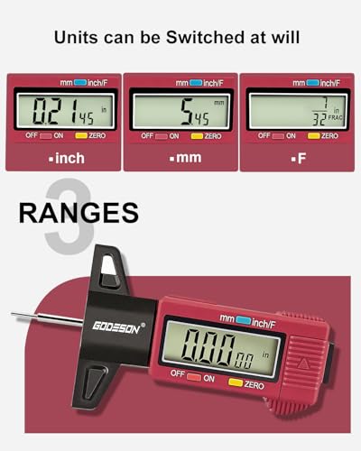Image of GODESON Tire Tread Depth Gauge, Digital Tire Thread Depth Gauge with 3 Modes-32NDS, 1 Inch and 25.4MM, Large Screen & Color Scale Code Easy to Read,Suitable for Motors, Cars, SUV (Red)