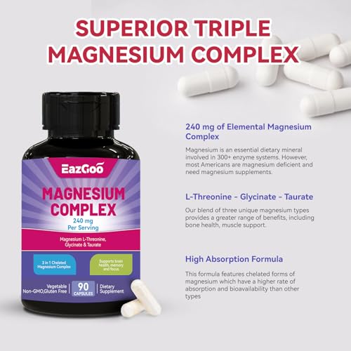 Image of Magnesium Supplement - Magnesium Complex- 3 Forms: Magnesium L-Threonine, Glycinate & Taurate - Supports Relaxation & Brain Health, 90 Veggie Capsules