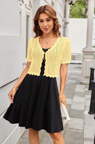 Image of Kate Kasin Women Crochet Shrug Knit Sweater, Short Sleeve Cropped Cardigan | Tie Front Tops Light Weight, Knit Cover Up Arm Bolero For Evening Dresses Dressy Casual, Ladies Eyelet Shawl Thin Formal