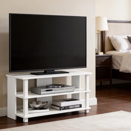Image of Furinno Sully TV Stand, 3-Tier Rectangular Entertainment Center with Shelf, TV Console for TV up to 40 Inch, Open Frame for Cable Management, for Living Room, Bedroom, White