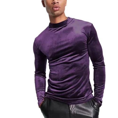 Men's High Neck Corduroy Slim Fit Long Sleeved Top, Solid Color Casual Slim Fit Pullover Top
