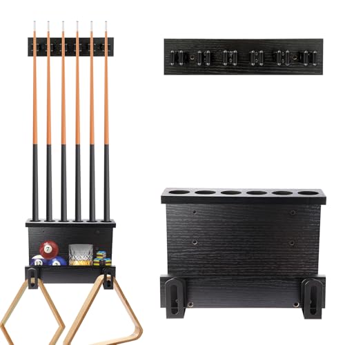 Pool Stick Holder Wall Mount Pool Cue Set Holder for 6 Cues Sticks Storage Pool Table Accessories Equipment Organizer Cue Rack Billiards Accessories for Game Room Bars Clubs Billiard Players Black