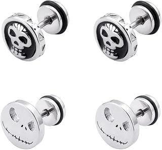 2 Pairs Set Halloween Stud Stainless Steel Jack Skellington Cut-Out Round Circle Button Stud Piercing Jewelry with Jack Skellington Face Post Earrings Add Horror Halloween Atmosphere for Men Unisex
