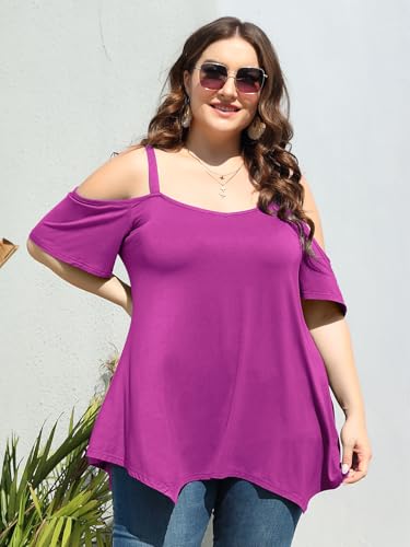 Image of LARACE Cold Shoulder Tops for Womens Summer Clothes Spaghetti Strape Tunic Oversized Shirts Asymmetrical Plus Size Blouse