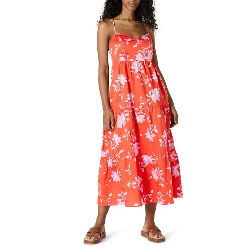 Amazon Essentials Abito Lungo da Donna Fit And Flare Empire in Rasatello di Cotone a Balze, Arancione Pastello Lilla Rose Grandi, XL