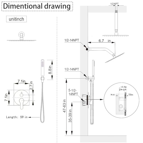 Kit de Ducha con Grifería, Sistema de Ducha en Negro Mate con Cabezal de Techo Redondo de 10 Pulgadas y Cabezal de Ducha de Pared de 6 Pulgadas miniatura 7