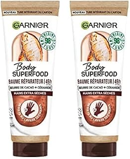 GARNIER Body Superfood - Baume Réparateur - Crème Mains Nourrissante - Hydratation 48h - Beurre De Cacao & Céramide - 98% d'Origine Naturelle - Vegan & Cruelty Free - Mains Extra Sèches - 75 ml