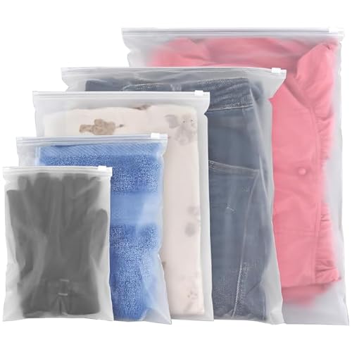 HIGA-JKL 50 Stück Wasserdichte Zip Beutel Reisetasche Gefrostete Wiederverwendbare Plastiktüten Aufbewahrungsbeutel mit Zipper 5 Größen für Kleidung Unterwäsche Schuhe Kosmetik