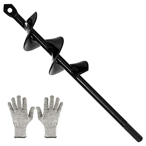 Earth Auger Drill Bit Set Garden Post Hole Digger with Non-Slip Hex Drive Spiral Rapid Planter Tool for Seedlings Flower Bulbs Planting with Garden Cut Resistant Gloves