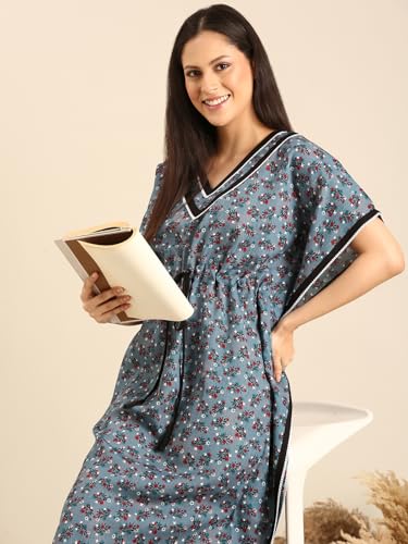 Image of Rupa Jon Aishwarya Women Full Length Printed Kaftan Nighty in Premium Cotton Blend Fabric, Night Dress, Maxi Nighty for Comfortable Everyday Wear
