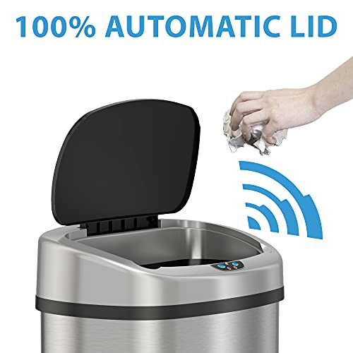 Sensorcan 13 Gallon Automatic Touchless Sensor Kitchen Trash Can With Ac Adapter And Odor Filter Kit, Stainless Steel, Oval Shape, Battery Free Operation With Included Ac Adapter #TOP1