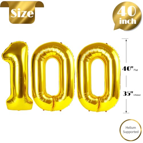 Image of Gold Number 100 Balloon 40 inch, 100 Number Balloons, 100th Gold Birthday Decorations, 100 Year Old Women Men Golden Party Supplies