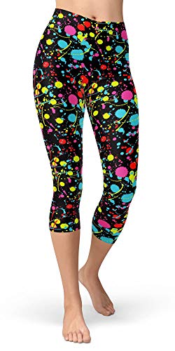 Women's Artistic Splash Printed Cropped Capri Leggings Buttery Soft Tights (Small-Large, Neon Splash)