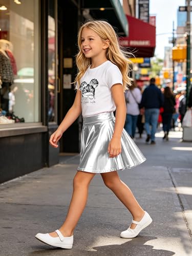 Image of Betusline Girls 2 Piece Outfits Short Sleeve Crop Top and Metallic Skater Skirt Set for Kids Dance Party Tennis, 4-14Y