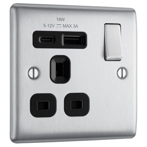 BG Electrical 18W Single Switched Power Plug Wall Socket with Type A USB and Type C USB Charging Ports, Fast Charge, Round Edges, Nexus Metal, Brushed Steel, Black Inserts, 13A, NBS21UAC18B