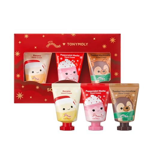 TONYMOLY x Squishmallows Holiday Hand Cream Set | Limited Edition Moisturizing Hand Cream Trio with Junie Banana, Hans Toasted Marshmallow & Ethel Peppermint Mocha | Soft, Hydrated Hands