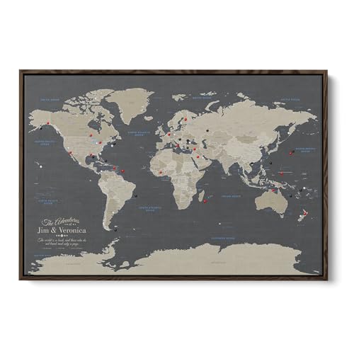 Image of Earth Tone World Map with Pins - Personalized Canvas Push Pin Map - Framed World Travel Wall Decor - Brown Float Frame - 30 inch x 45 inch