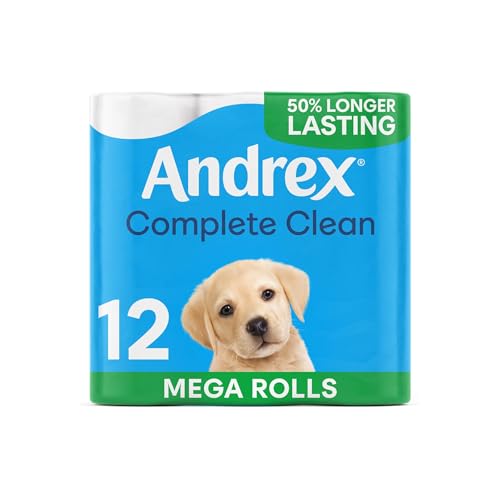 Andrex Complete Clean Toilet Tissue; 12 Mega Toilet Rolls = 18 Standard Loo Rolls with Unique 3D Wave Texture for a Proven, Effective Clean (Previously Andrex Classic Clean)