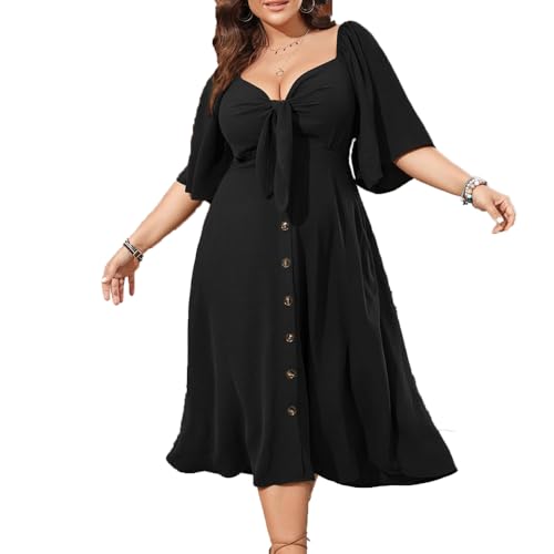 BSLVWG Damen Plus Size Sommerkleid 2024 Casual Kurzarm Sommer Tiefer Urlaub V-Ausschnitt Elegante Fliege Loose Fit T-Shirt Kleid (DE/NL/SE/PL, Alphanumerisch, 3XL, Große Größen, Regular, Schwarz)