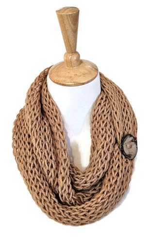 Womens Camel Brown Handmade Infinity Scarf with Unique Coconut Button