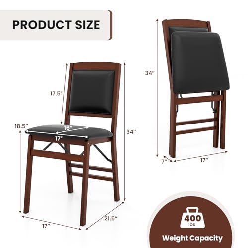 Image of Giantex Folding Dining Chairs Set of 2, Foldable Wood Kitchen Chairs with Padded Seat, Solid Wood Frame, Max Load 400 Lbs, No Assembly Easy to Store Wooden Dining Chairs for Apartment, Small Space